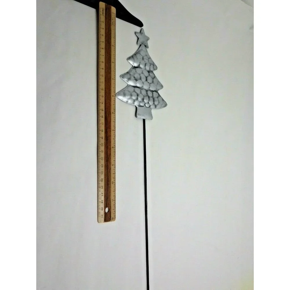Christmas Tree Garden Stake Silver Metal Yard Lawn Floral Planter